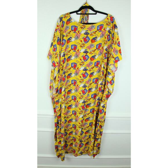 Vintage Plus Size Caftan Rayon Novelty Print Preppy Maximalist Beach Vacation - Picture 7 of 8